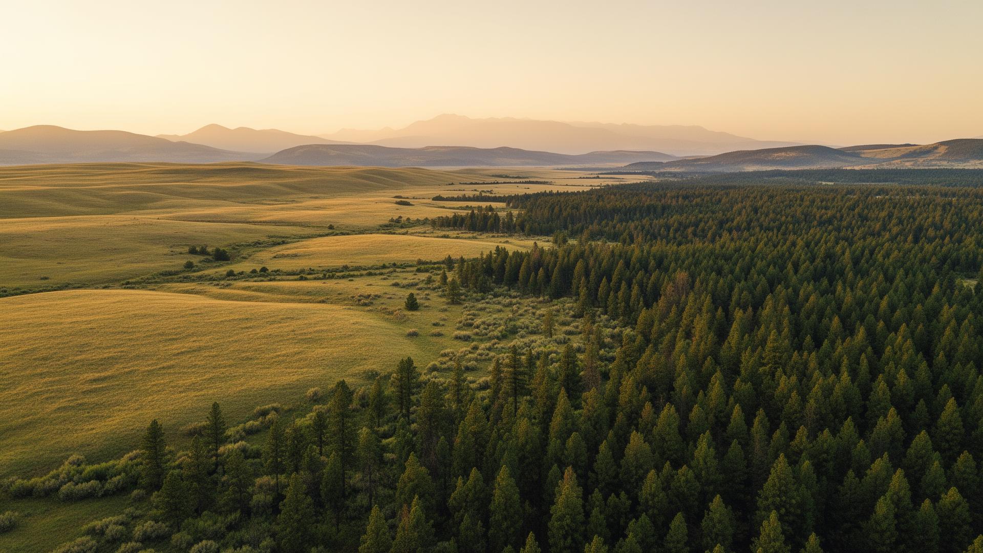 Aerial view of golden prairie meeting deep pine forest at dusk